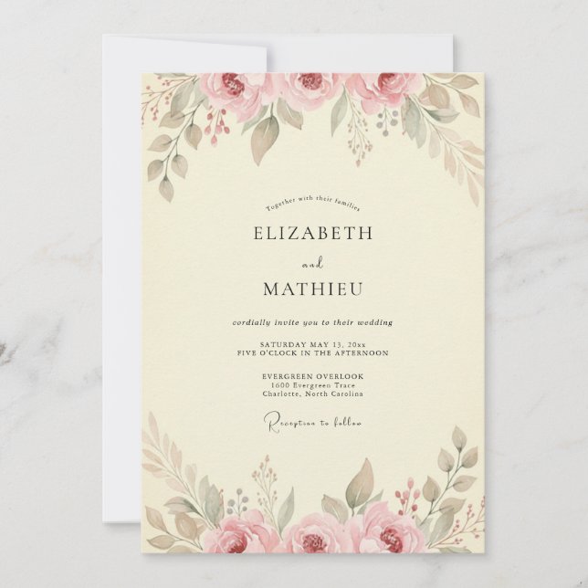 Invitation Mariage à la feuille mauve crème (Devant)