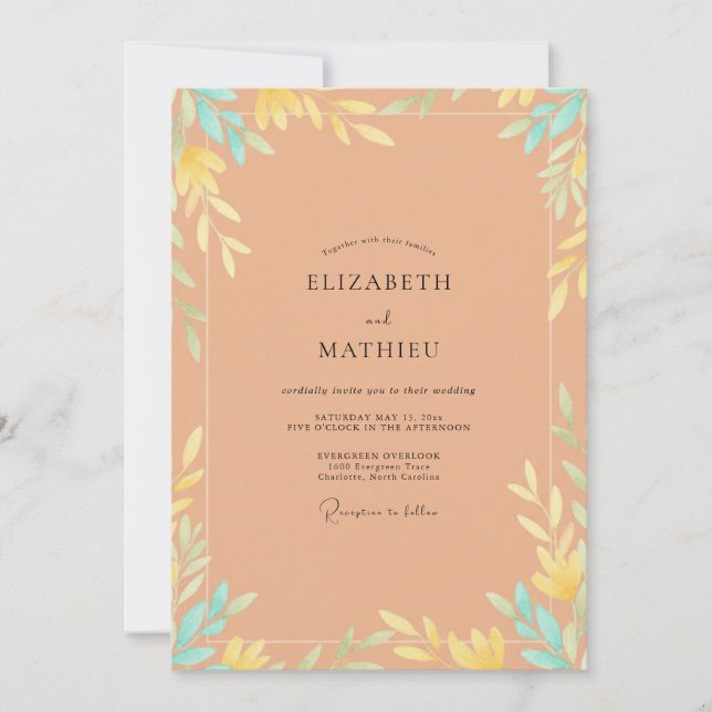 Invitation Mariage à la feuille peinte ambre (Devant)