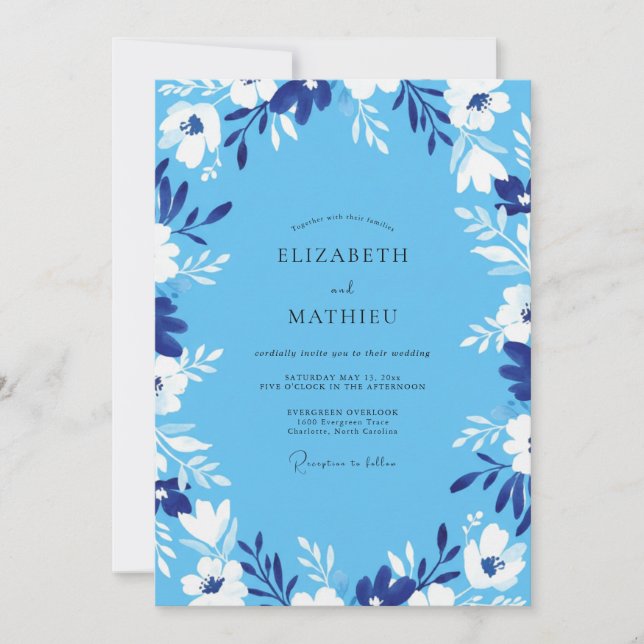 Invitation Mariage à la feuille peinte d'azur (Devant)