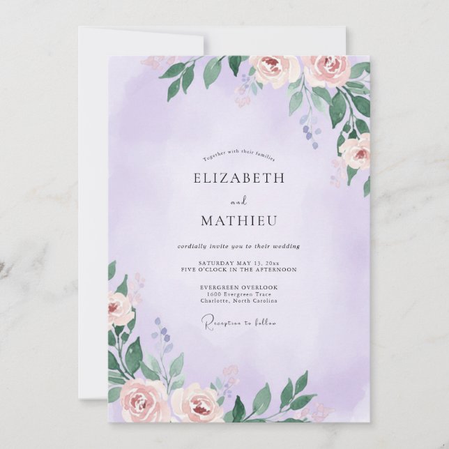 Invitation Mariage à la feuille peinte de lavande assourdie (Devant)