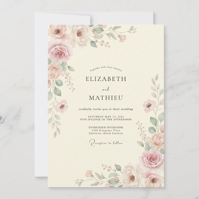 Invitation Mariage à la feuille peinte de mauve crème (Devant)