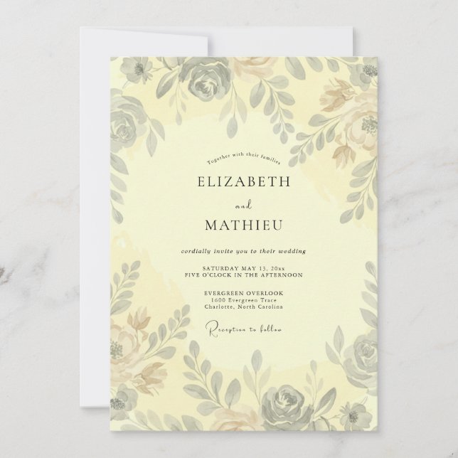 Invitation Mariage à la feuille peinte de primevère (Devant)