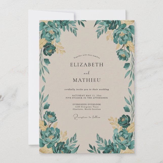Invitation Mariage à la feuille peinte en or (Devant)