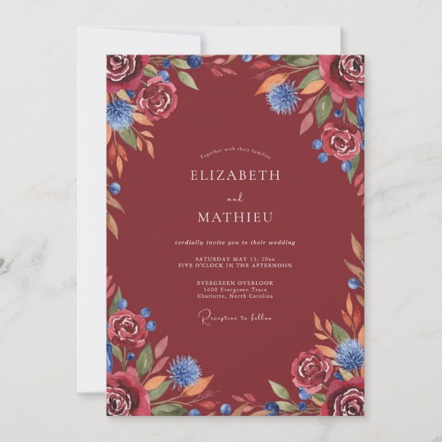 Invitation Mariage à la feuille peinte en rouge profond (Devant)