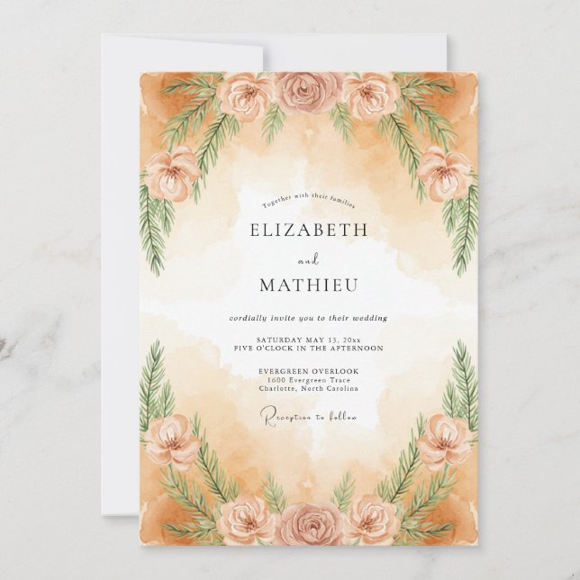 Invitation Mariage à la feuille peinte pêche poussiéreuse (Devant)