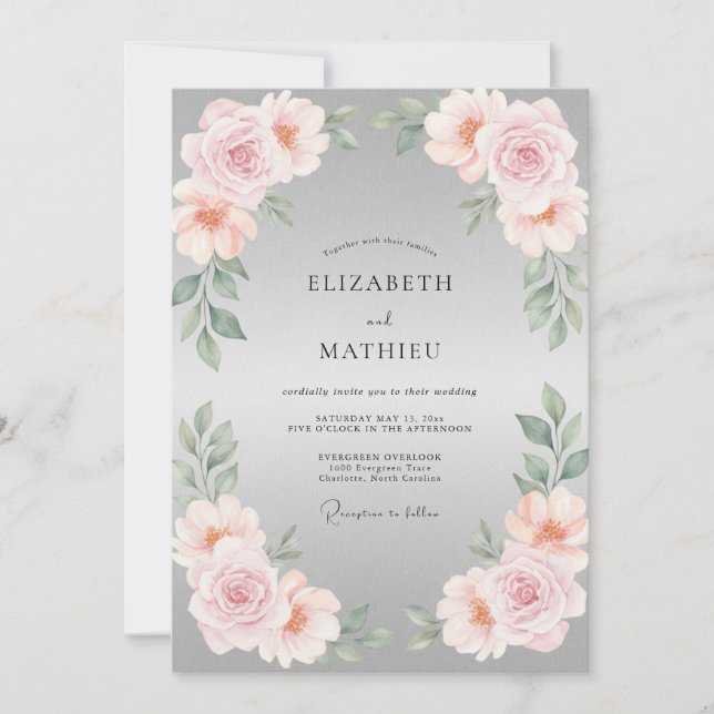 Invitation Mariage à la feuille rose pétale argentée (Devant)