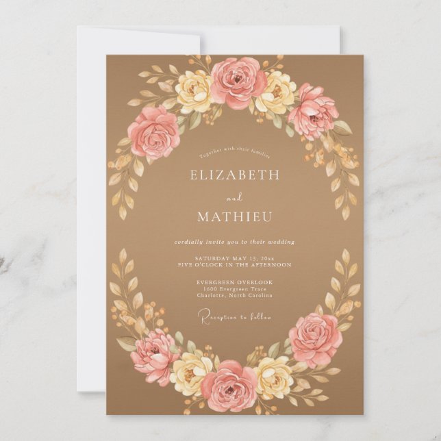 Invitation Mariage à la feuille rose terracotta (Devant)