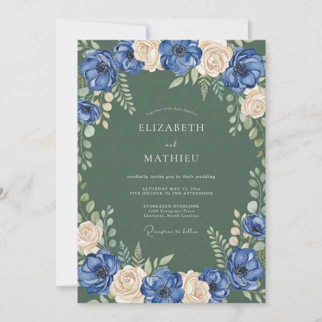 Invitation Mariage à la Fleur Botanique Crème Bleue (Devant)