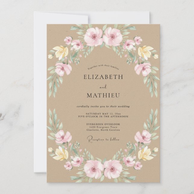Invitation Mariage à la Fleur Botanique Pastel Rose (Devant)