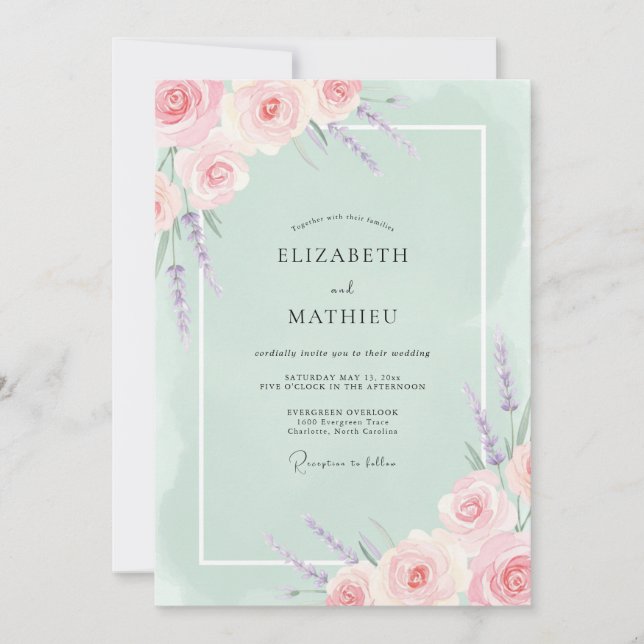 Invitation Mariage à la Fleur Botanique Rose Pastel (Devant)