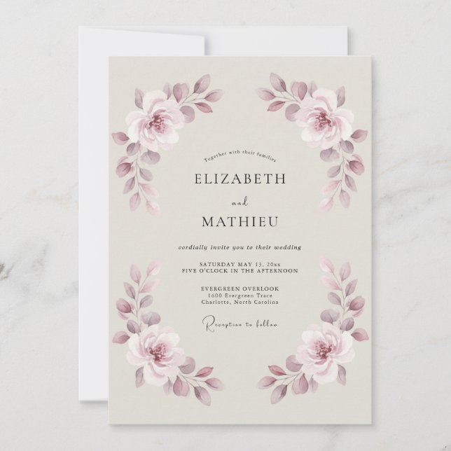 Invitation Mariage à la Fleur Botanique Rose Poussiéreuse (Devant)