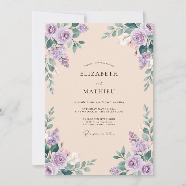 Invitation Mariage à la Fleur Botanique Violet Poussiéreux (Devant)