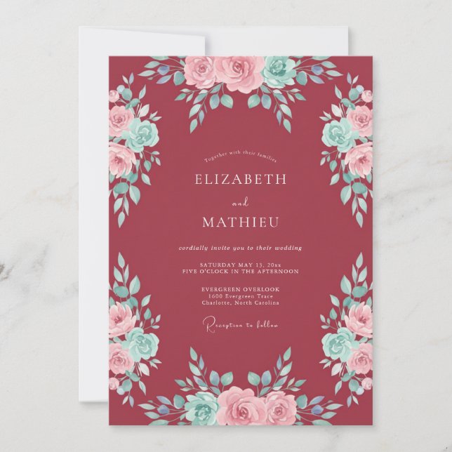 Invitation Mariage à la Fleur Burgundy Rosée (Devant)