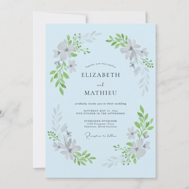 Invitation Mariage à la Fleur de Bleu Pastel Flourissant (Devant)
