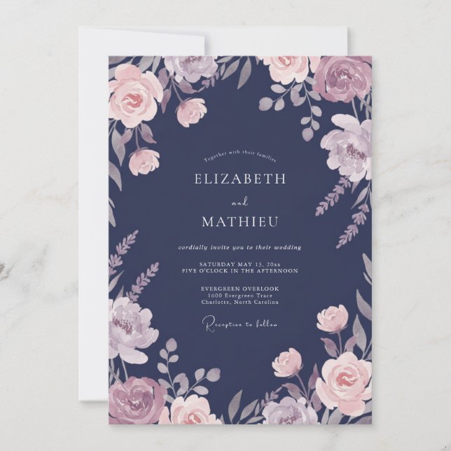 Invitation Mariage à la Fleur de Pétale Bleu Marine (Devant)