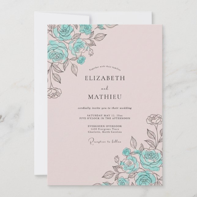 Invitation Mariage à la Fleur de Rose Sarcelle (Devant)