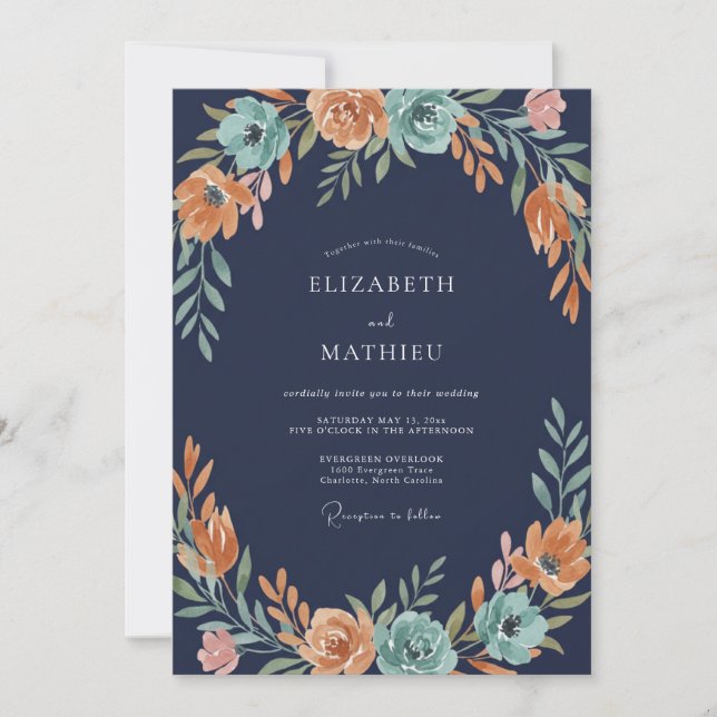 Invitation Mariage à la Fleur de Teinte Orange et Turquoise (Devant)
