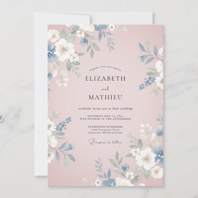 Invitation Mariage à la Fleur Délicate Bleu Poussiéreux (Devant)