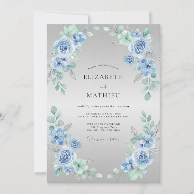 Invitation Mariage à la Fleur Délicate Bleu Poussiéreux (Devant)