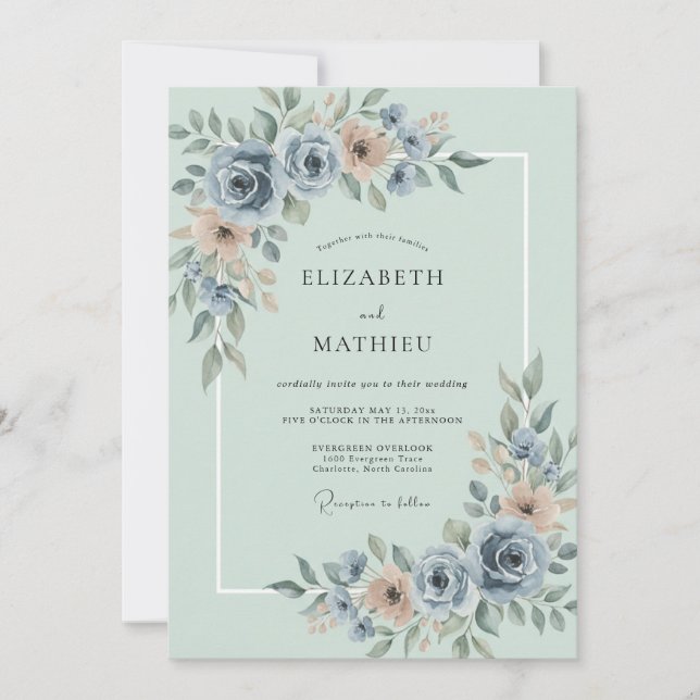 Invitation Mariage à la Fleur Douce Bleu Poussiéreux (Devant)