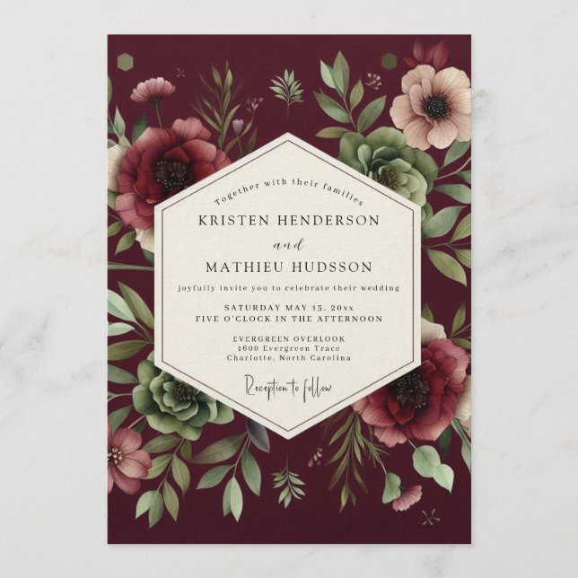 Invitation Mariage à la Fleur Dramatique Claret (Devant)
