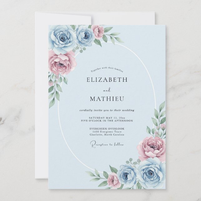 Invitation Mariage à la Fleur Éthérée Bleu Poudre (Devant)