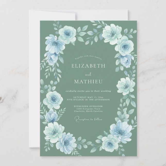 Invitation Mariage à la Fleur Éthérée Bleu Poussiéreux (Devant)