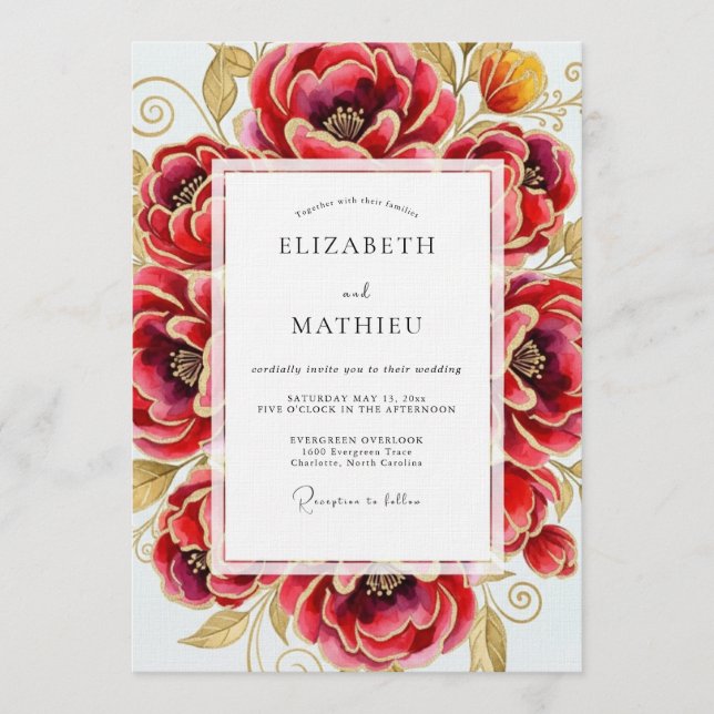 Invitation Mariage à la Fleur Luxueuse Cramoisi (Devant)