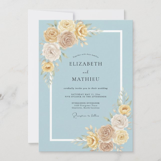 Invitation Mariage à la Fleur Pastorale Bleu Poussiéreux (Devant)