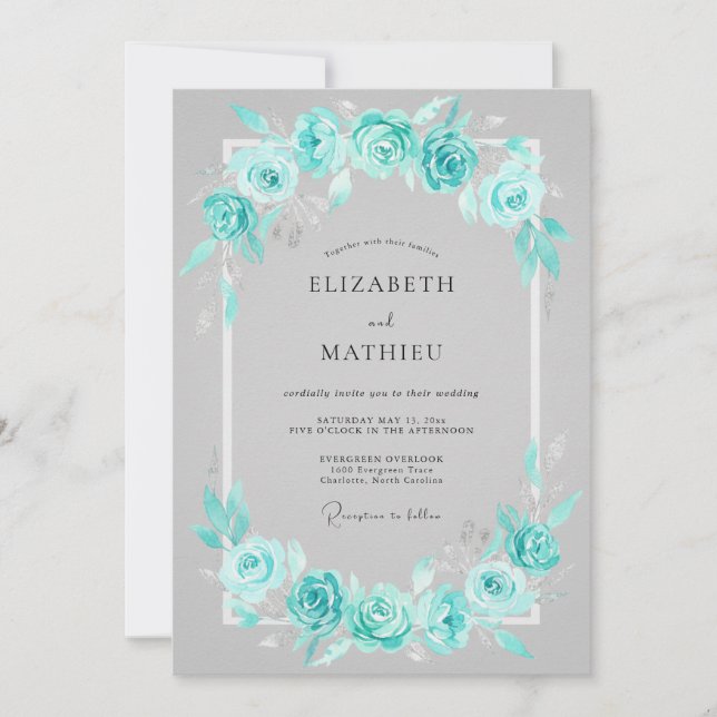 Invitation Mariage à la Fleur Romantique de Teinte Cyan (Devant)