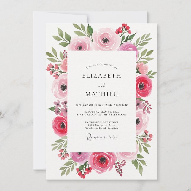 Invitation Mariage à la Fleur Rose Artistique (Devant)