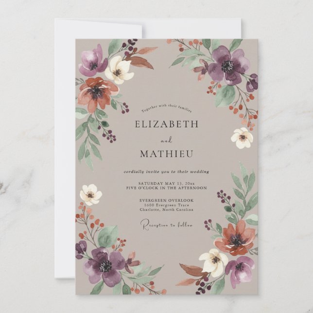 Invitation Mariage à la Fleur Sauvage Améthyste Taupe (Devant)
