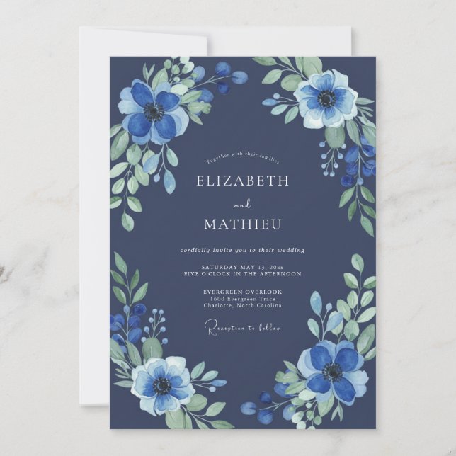 Invitation Mariage à la Fleur Sauvage Indigo de Minuit (Devant)