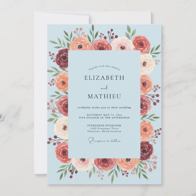 Invitation Mariage à la Fleuraison Bleue Clair (Devant)