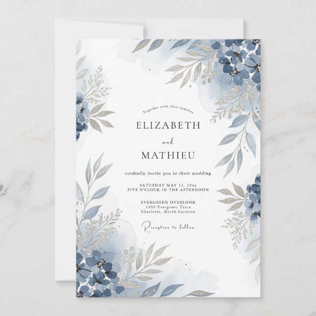 Invitation Mariage à la Floraison Bleu Ardoise (Devant)