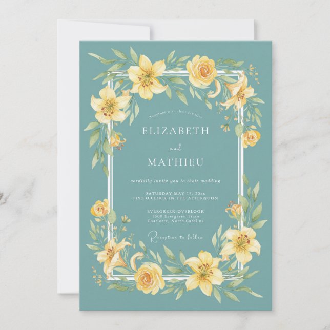 Invitation Mariage à la floraison botanique jaune sarcelle (Devant)