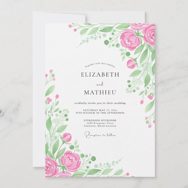 Invitation Mariage à la Floraison Botanique Rose (Devant)