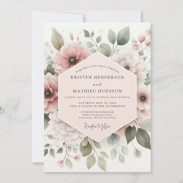 Invitation Mariage à la floraison botanique Rose Poussiéreuse (Devant)