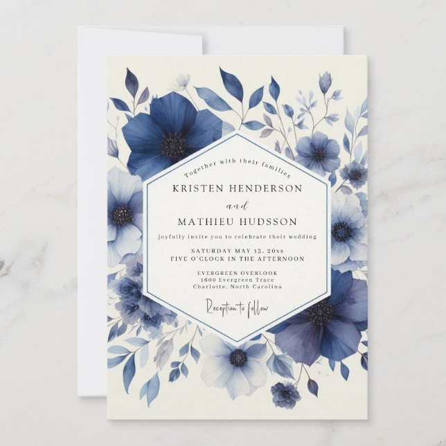 Invitation Mariage à la floraison d'aquarelle marine (Devant)