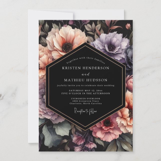 Invitation Mariage à la floraison dramatique de prune et de p (Devant)