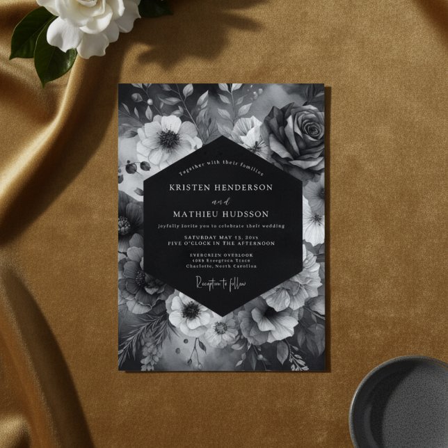 Invitation Mariage à la Floraison Dramatique Fleurie Noire (Créateur téléchargé)