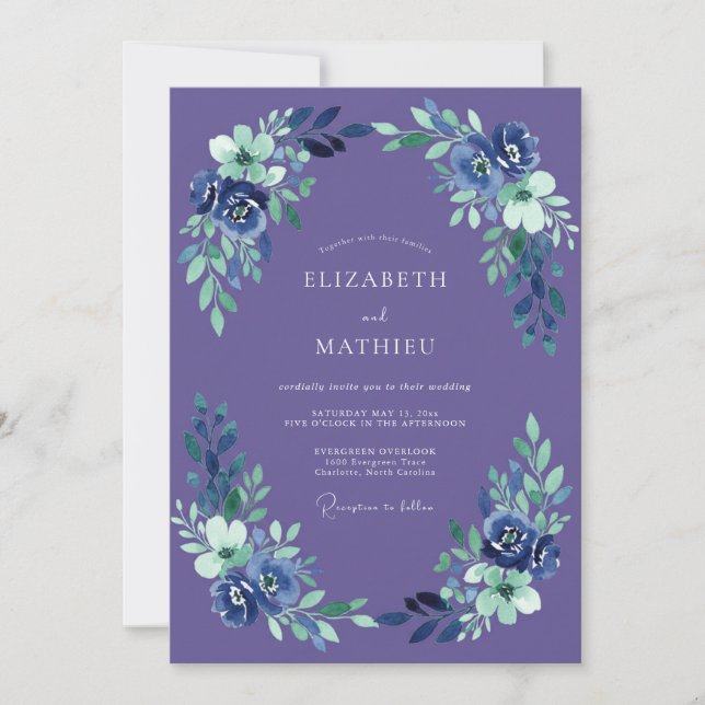 Invitation Mariage à la Floraison Impressionniste Indigo (Devant)