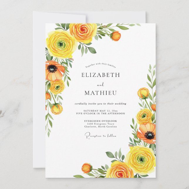 Invitation Mariage à la Floraison Jaune Romantique (Devant)