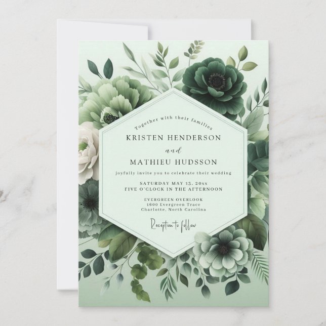 Invitation Mariage à la Floraison Monochrome Émeraude (Devant)