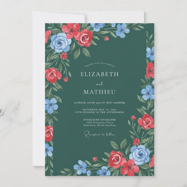 Invitation Mariage à la Floraison Rouge Émeraude (Devant)