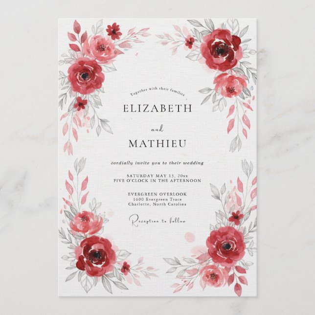 Invitation Mariage à la Floraison Rouge Profonde (Devant)