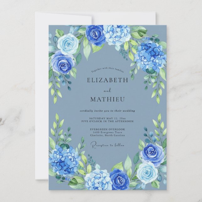 Invitation Mariage à la Floraison Vibrante Bleue (Devant)