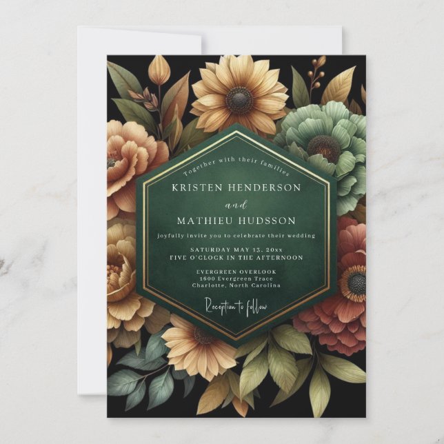 Invitation Mariage à la Flore Dorée Émeraude (Devant)