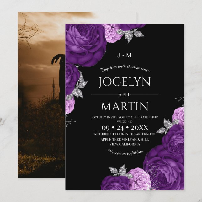 Invitation Mariage à la flore fantaisiste noire et violette  (Devant / Derrière)