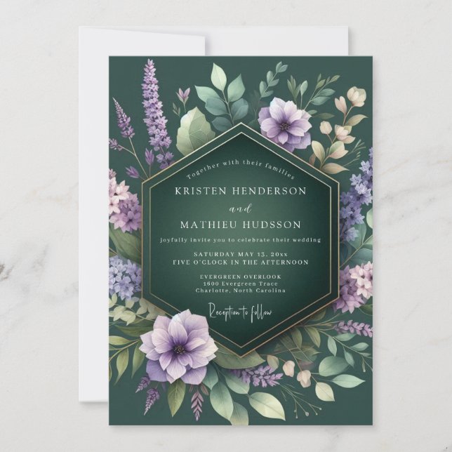 Invitation Mariage à la flore lavande émeraude (Devant)